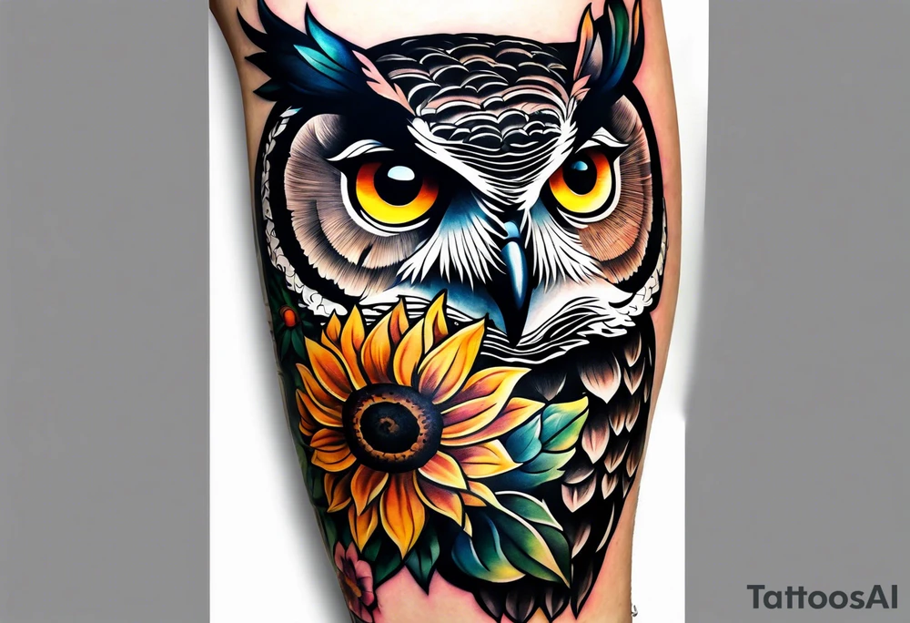 Arm sleeve with colorful sunflowers and an owl tattoo idea