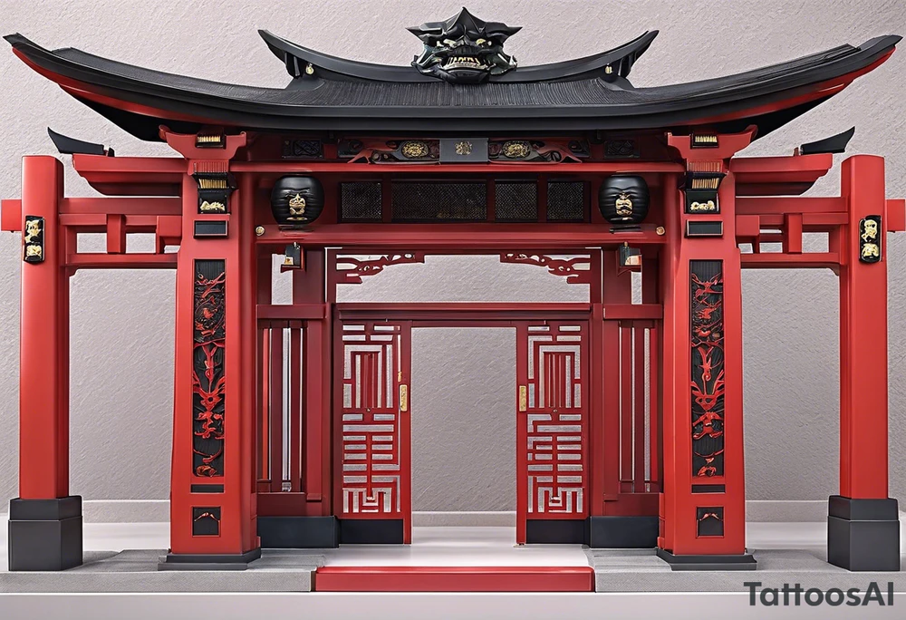 very little torii gate in biomechanical style. 15% of size, placed in bottom 

Above the gate is a bust of Dominant demonic and formidable face with royal king features, has a slight evil grin and a devil fang teeth, similar to skull features, framed by deep-set glowing galaxy eyes, head has crown of prominent purple deep blue flames (Not standalone horns) with intricate recognizable swirling galaxy and peacock feather textures.

face has intricate swirling biomechanical tattoo texture. prominent colours are blue, violet, deep purple, with orange highlights.

face has braids hanging with feathers at end. face is 85% of size and is above gate tattoo idea