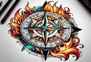 North compass and flames tattoo idea