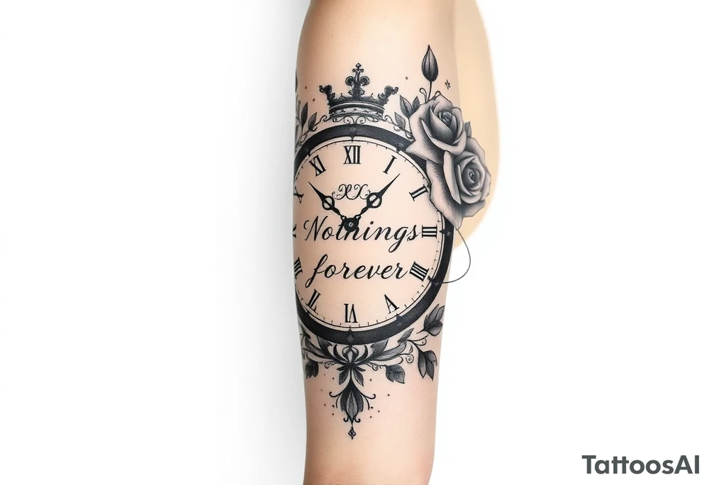 Roman clock with roses and a crown, a quote that says nothings forever. and on the bottom a deck of cards tattoo idea