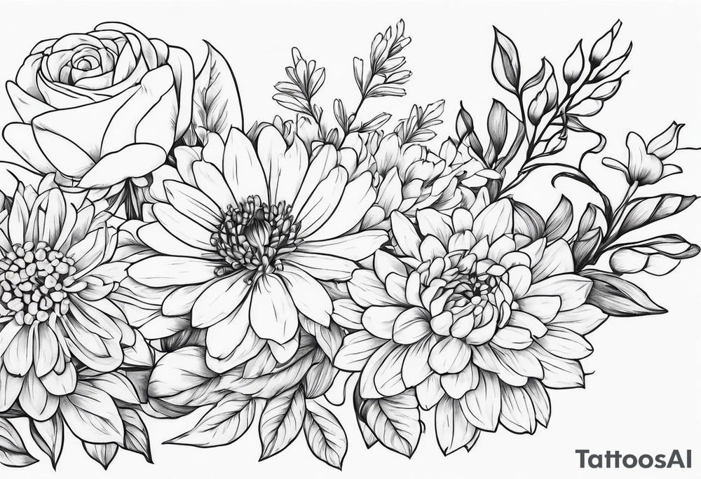 Asters, roses, lily of the valley, and chrysanthemums in a long line tattoo idea