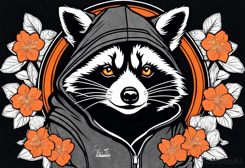Raccoon wearing a white Superman logo on a black hoodie and orange Japanese cherry blossoms beside tattoo idea