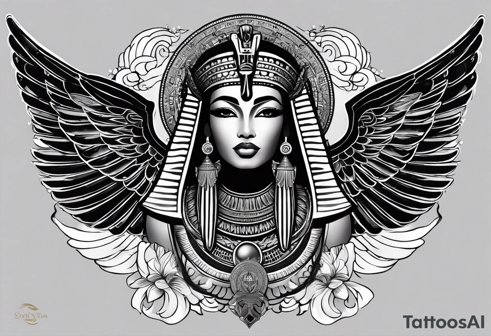 black and white Egyptian goddess Isis, who is often depicted as a woman with outstretched wings, holding an ankh (a symbol of life) in one hand and a lotus flower in the other. Her headdress often includes a throne or a solar disk. The tattoo design can vary in style and size, but it typically aims to capture the essence of this revered Egyptian deity, emphasizing her beauty, power, and maternal qualities. The choice of colors and additional elements can also be customized to create a unique and visually striking representation of the goddess Isis tattoo idea