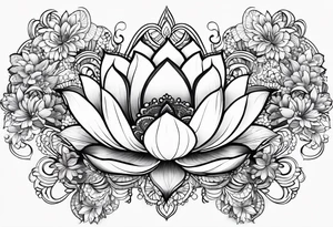 Tiny  Floating lotus upper back with florals and henna to each shoulder tattoo idea