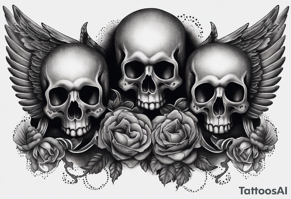 See no evil hear no evil speak no evil  skulls go down the back with angel wings wrapped around the skulls tattoo idea