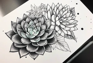 fine line. one big succulent in the middle. One smaller succulents on each side. Dots and floral
. Sternum tattoo grey scale shading tattoo idea