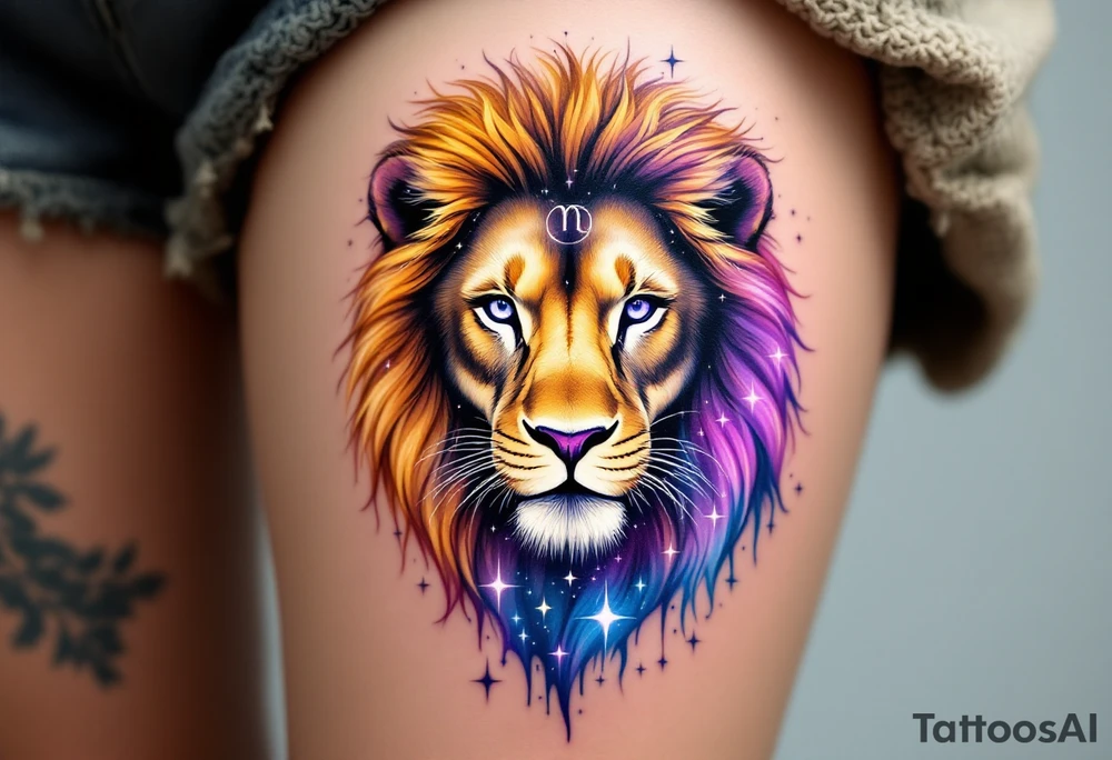 A Leo zodiac symbol and star constellation rests between the eyes of a golden lion whose mane dissolves into a trail of starlit purple and blue. tattoo idea