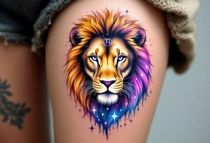 A Leo zodiac symbol and star constellation rests between the eyes of a golden lion whose mane dissolves into a trail of starlit purple and blue. tattoo idea