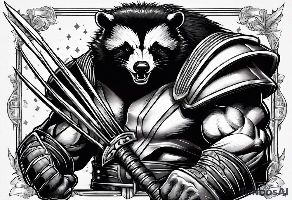 Draw me badger/wolverine with aggressive full body show, killer face with cute smile, very long nails and he attacks like a Turkish gladiator to enemy and also he has very deadly looking. The only weapon is his braveness he fights with his claws. tattoo idea