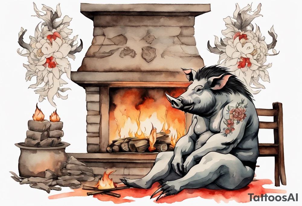 an boar with tusks sitting by a fireplace tattoo idea