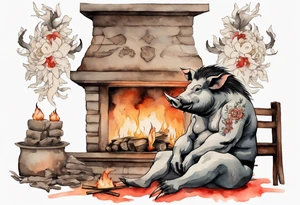 an boar with tusks sitting by a fireplace tattoo idea