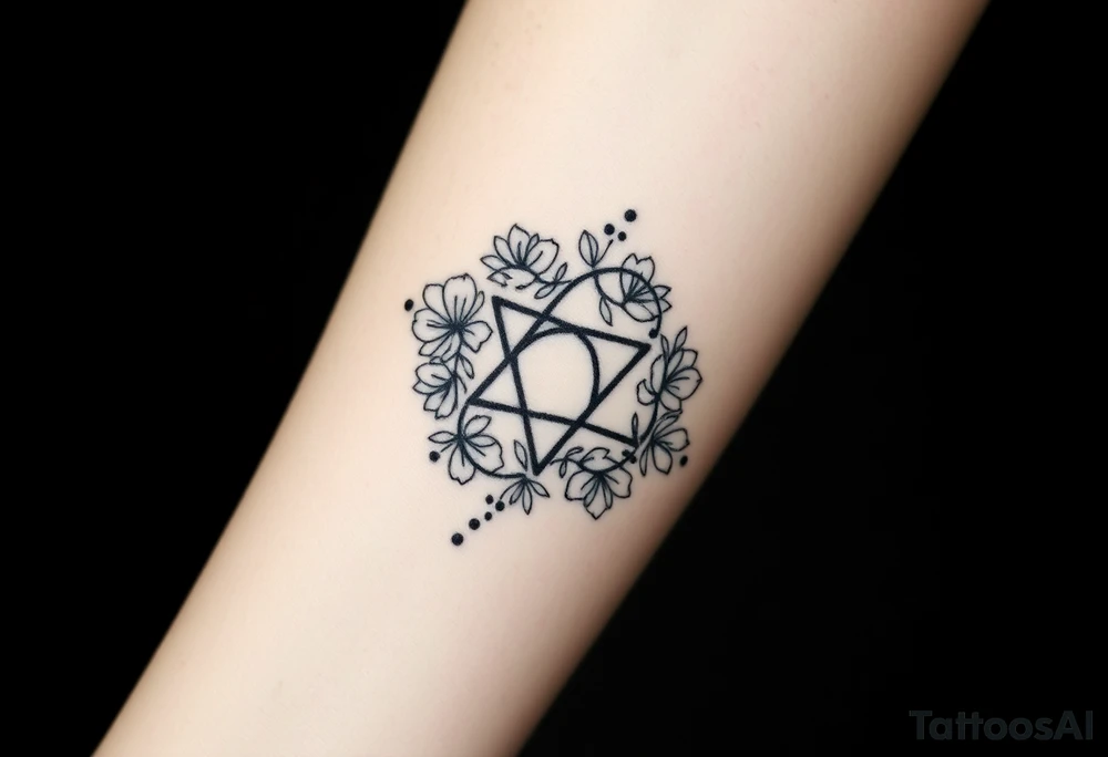 Enneagram symbol with large fine line florals that cover up the enneagram symbol tattoo idea