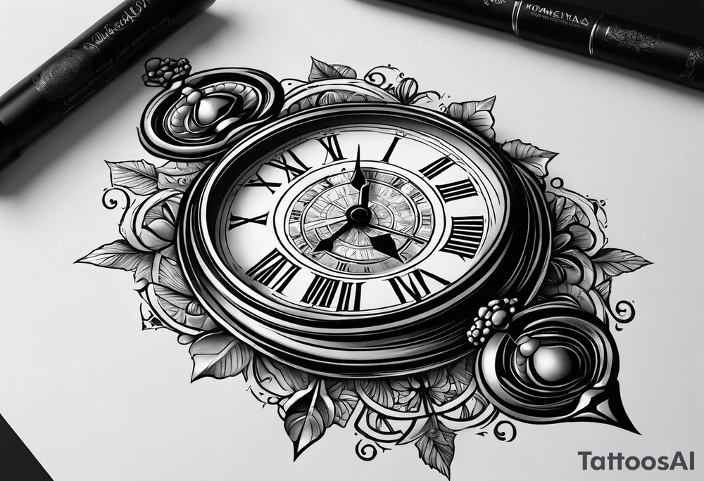 drawn a clock looks like an hourglass. they are surrounded by roman numerals. it is a black and white tattoo for the right shoulder of a man tattoo idea