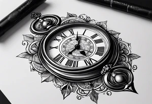 drawn a clock looks like an hourglass. they are surrounded by roman numerals. it is a black and white tattoo for the right shoulder of a man tattoo idea