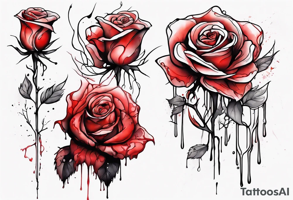 rose flower, one line, red blood dripping from the flower, tall, watercolor tattoo idea