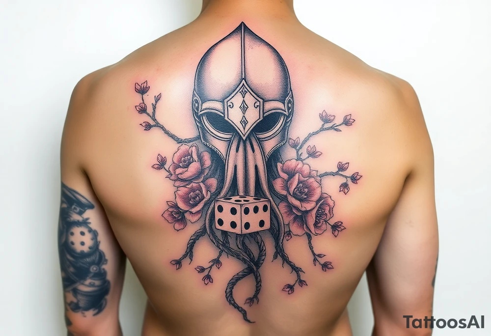 squid knight helmet combined with tree roots, cherry blossoms and roses rolling dice tattoo idea