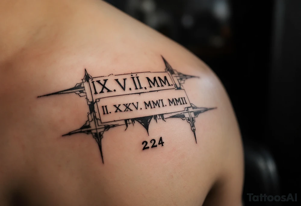 IX.VII.MM. and II.XXV.MMII with a space between them, along with the number 224 simple more artsy tattoo idea