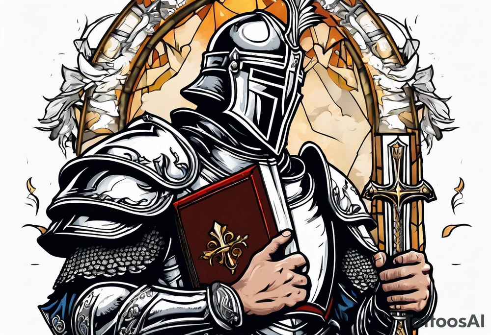 knight holding a bible over his head in combat with both hands tattoo idea