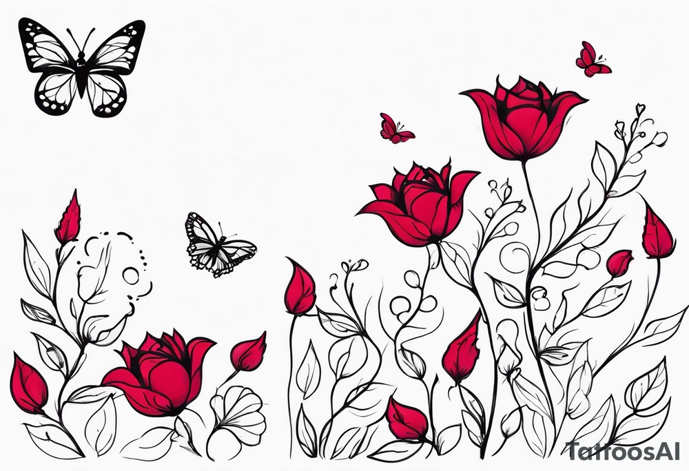 Flowers with "Ruby" in calligraphy font and butterflies around it tattoo idea