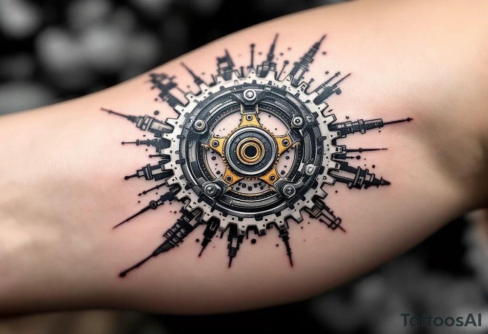 A detailed bicycle gear mechanism, with shades of silver and gold, creating an industrial yet artistic feel. tattoo idea