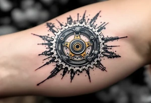 A detailed bicycle gear mechanism, with shades of silver and gold, creating an industrial yet artistic feel. tattoo idea