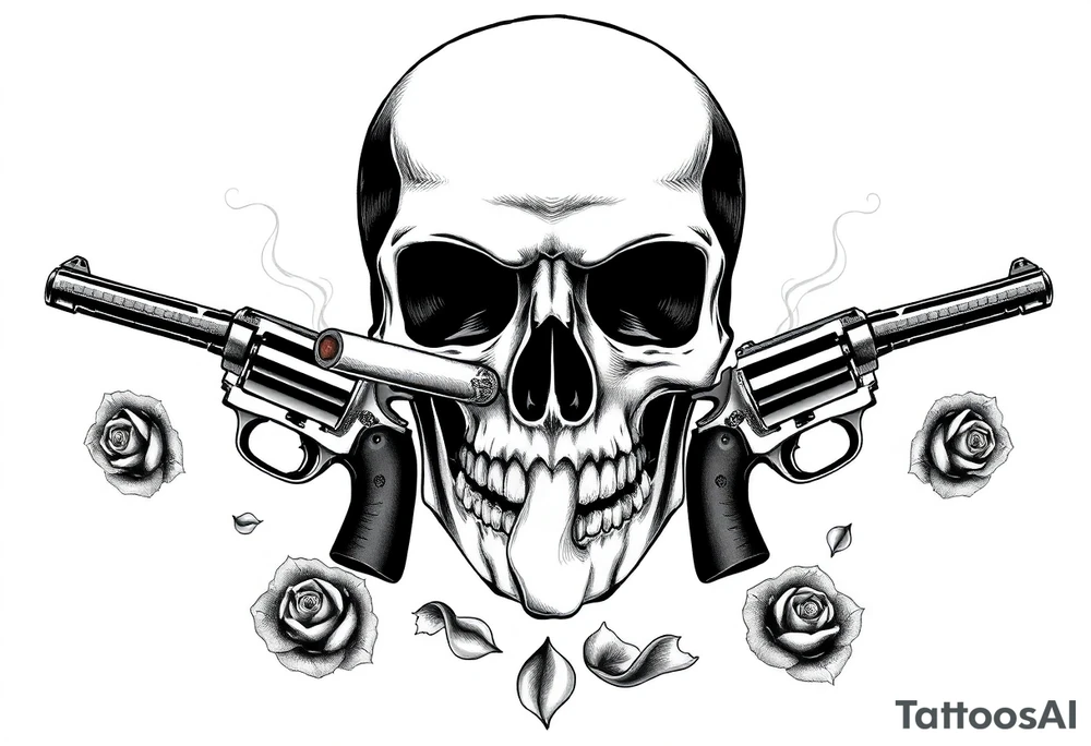Close-up skull profile, cigar burning, vintage revolvers flanking, rose petals falling. tattoo idea