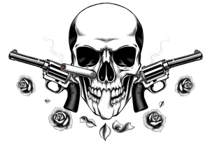 Close-up skull profile, cigar burning, vintage revolvers flanking, rose petals falling. tattoo idea
