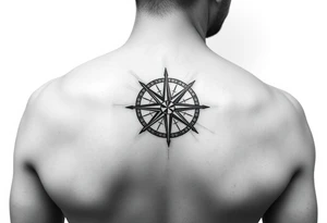 intricate compass on upper right back shoulder of a man. black and white. include cardinal directions and make more detailed. tattoo idea