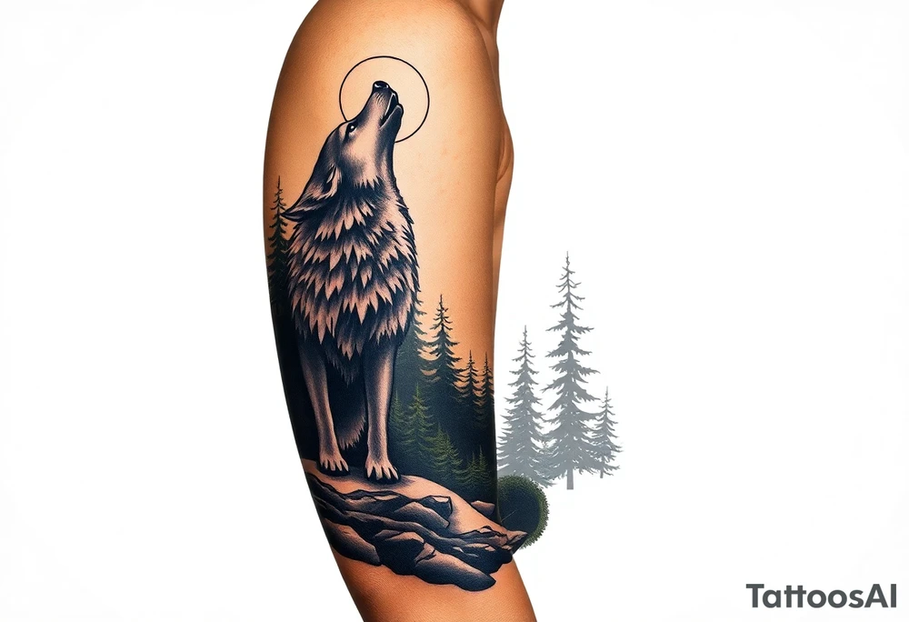 Lone wolf howling at the moon in the forest in the night Columba star tattoo idea