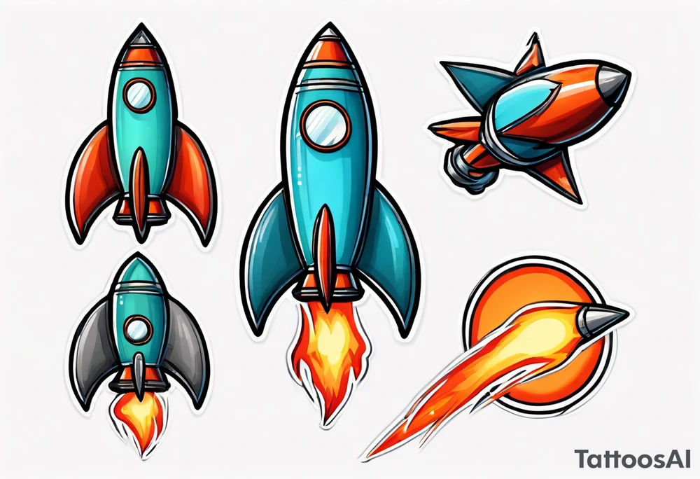 Super simple cartoon rocket ship with a round window, 3 fins, and fire coming out the bottom

Add some shading and detail to make less basic

Rocket should be green with blue accents tattoo idea