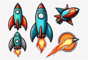 Super simple cartoon rocket ship with a round window, 3 fins, and fire coming out the bottom

Add some shading and detail to make less basic

Rocket should be green with blue accents tattoo idea