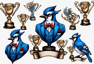 bluejay in a suit holding a trophy tattoo idea