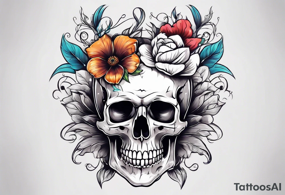 skull with one flower growing out of its head tattoo idea