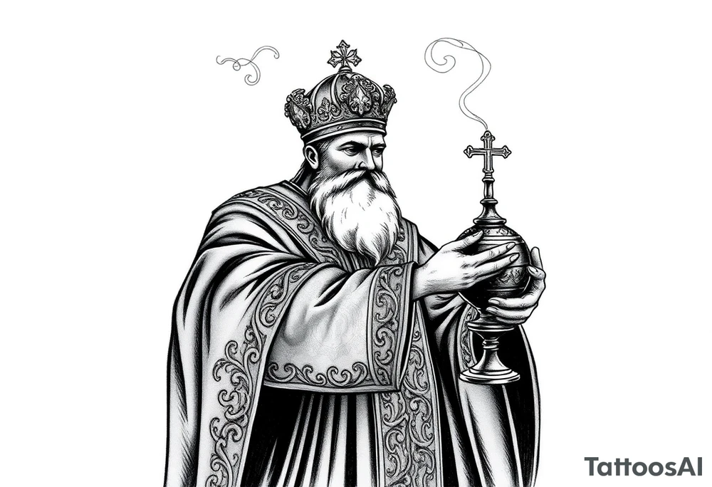 A Russian Orthodox Priest in full gold vestments swinging a censer with smoke curling upward 

The ornate robes give incredible fine line detail
The incense smoke could flow and connect to other elements
It ties directly into the church and Virgin Mary you already have
Very culturally authentic to the overall theme tattoo idea