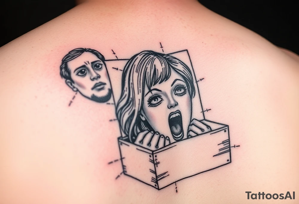 a girl trapped in a box trying to get out  almost like she’s suffocating with faces with no eyes around her screaming tattoo idea