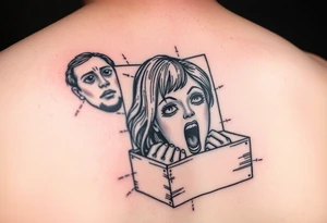 a girl trapped in a box trying to get out  almost like she’s suffocating with faces with no eyes around her screaming tattoo idea