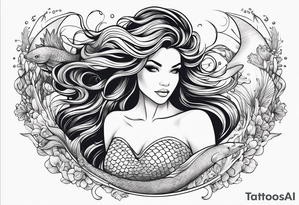 Beautiful mermaid under the sea with cascading hair and flowing tail. surrounded by sea creatures tattoo idea