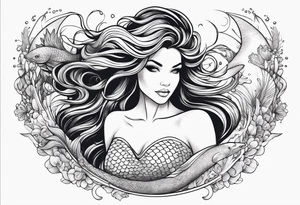 Beautiful mermaid under the sea with cascading hair and flowing tail. surrounded by sea creatures tattoo idea