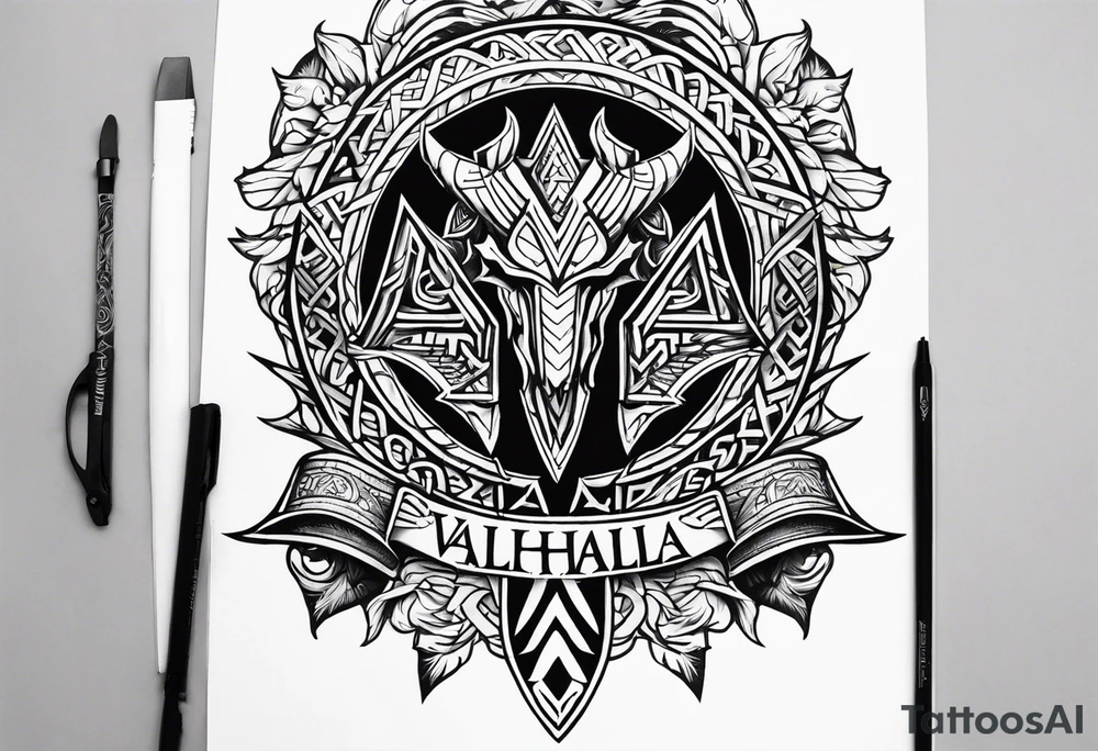 Valhalla sword shield dragon axe Valknut tattoo idea