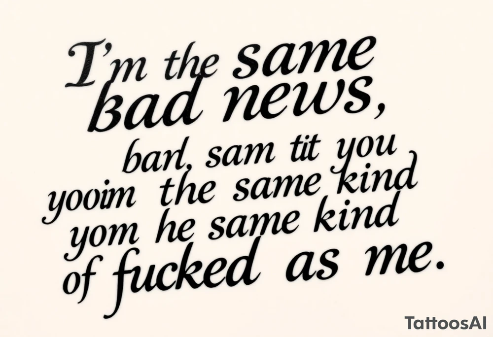 Chicano blackletter script tattoo, elegant cursive with thick and thin strokes, dramatic flourishes on 'f' and 'y'. Text: 'I’m the same bad news as you, / you’re the same kind of fucked as me.' High contrast, black ink on white background, no shading, no color tattoo idea