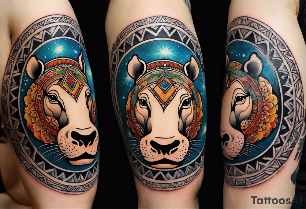 A foot long 2.5inches wide portrait orientation tattoo, containing a detailed hippo head with tribal patterns in the middle, a full moon on the upper side, and some wintersweet flowwer on the bottom side, these three components are connected with arches, lines, little geometric patterns, the lines will ne fine and narrow tattoo idea