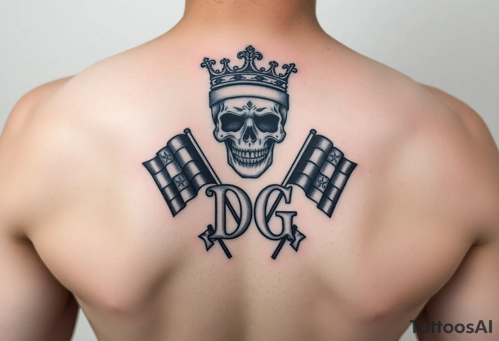 Skeleton wearing crown initials DG with racing flags tattoo idea