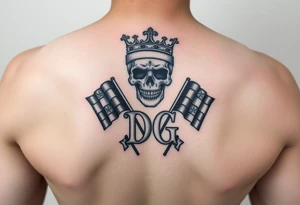 Skeleton wearing crown initials DG with racing flags tattoo idea