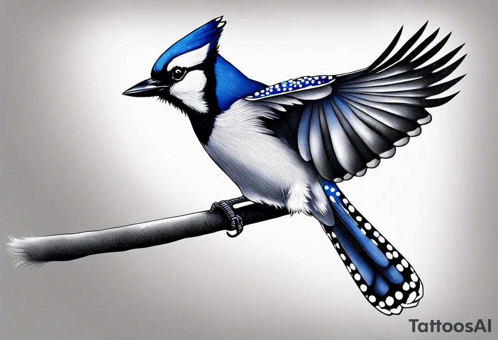 Strong blue jay bird in flight head down tattoo idea