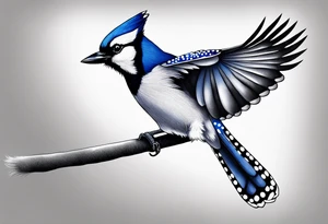 Strong blue jay bird in flight head down tattoo idea