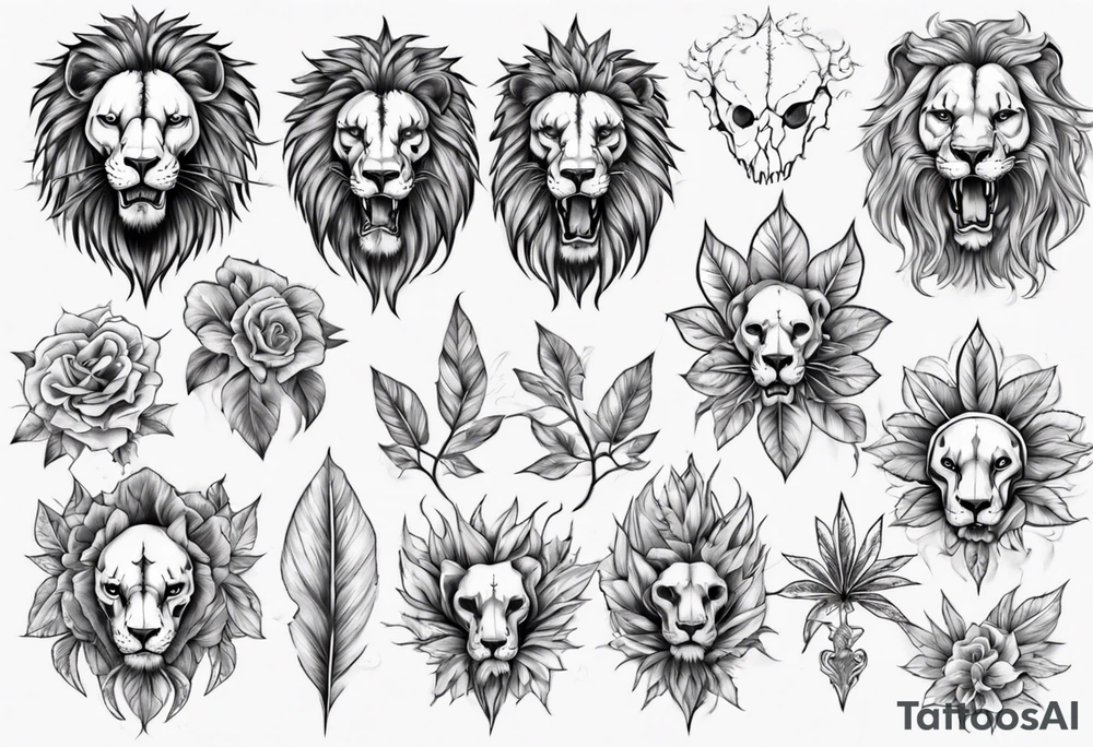 Lion skull tattoo and leaves tattoo idea