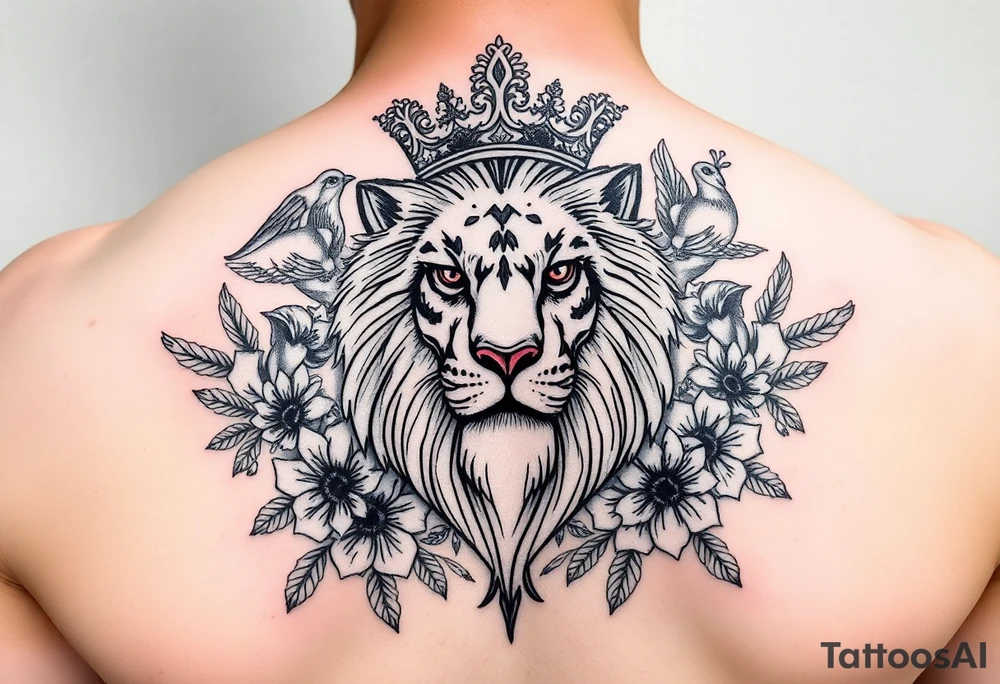 powerful majestic lion with a crown, surrounded by floral ornaments and birds tattoo idea