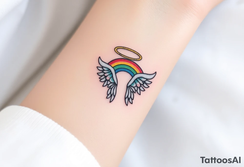 A rainbow with angel wings and halo tattoo idea