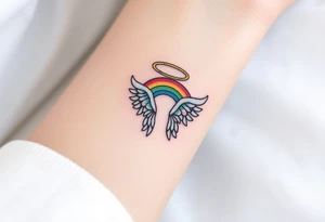 A rainbow with angel wings and halo tattoo idea