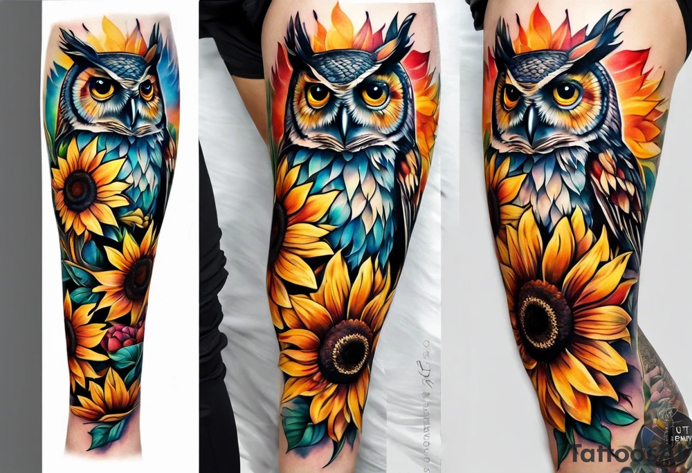 Leg sleeve with colorful sunflowers and an owl tattoo idea